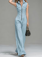 Spring/Summer/Autumn Vintage Denim Jumpsuit, Sleeveless Design, Wide-Leg Pants Style, and Figure-Flattering, Printed Legging (Not Jeans) - Light Blue