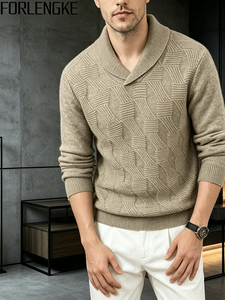 FORLENGKE Autumn And Winter Men'S Stylish Crew-Neck Knit Sweater with Full Checkered Texture, Jacquard Long-Sleeve Sweater, Comfortable Knit Top for Autumn And Winter, Casual Outings, Shopping, And Party Atmosphere Men'S Pullover Knit - Khaki