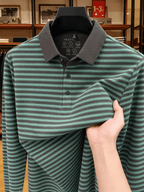 Men's Thin Striped Lapel Long Sleeve Polo Top, Wrinkle Free Loose Casual Long Sleeve T-Shirt, Business Basic Apparel for Middle-aged Dads, Spring Autumn Clothes for Golf, Fishing, Tennis Daily Wear - Emerald Green