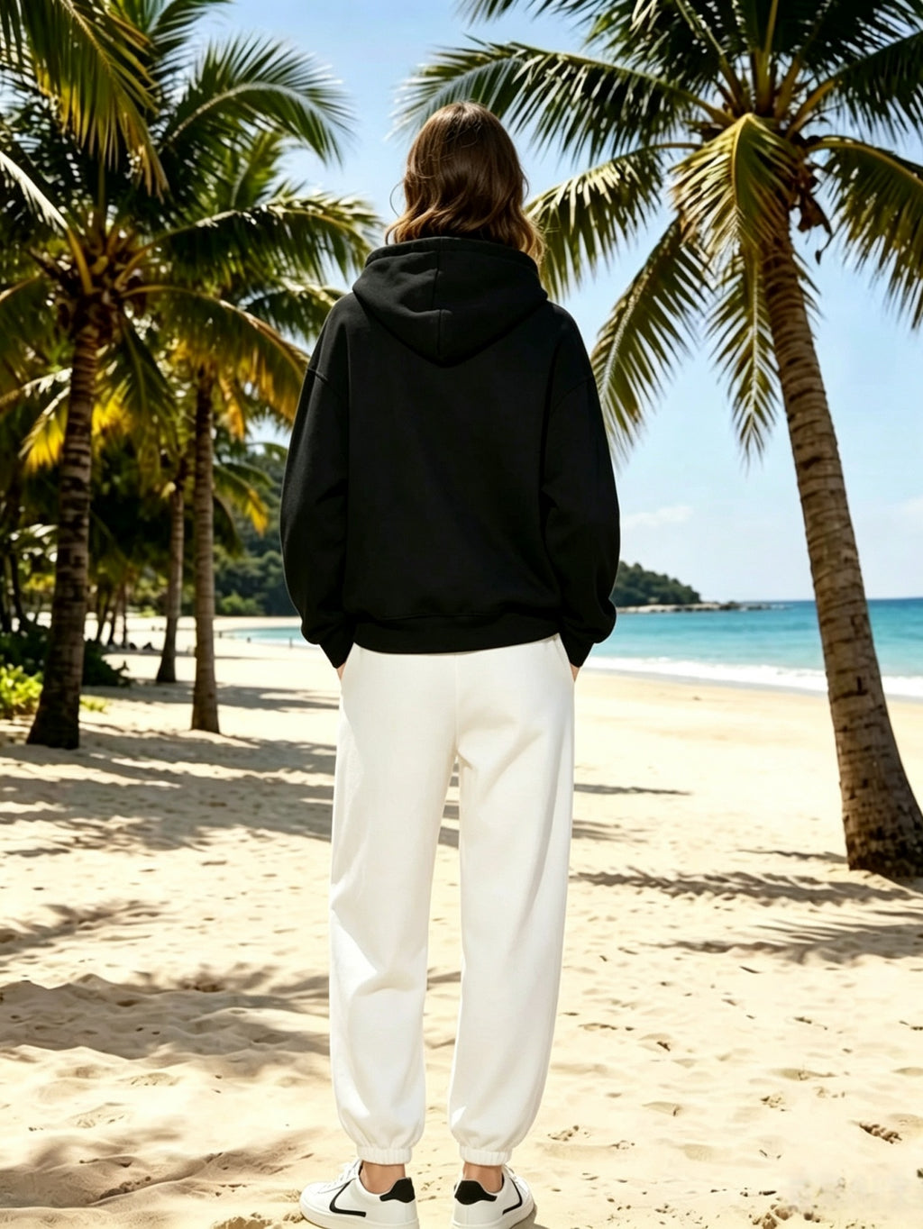 Lazy Style Loose Sweatshirt and Sweatpants Set, Long Sleeve Hooded Top and Jogger Pants, Daily Running Sportswear - Black Sweatshirt + White Sweatpants