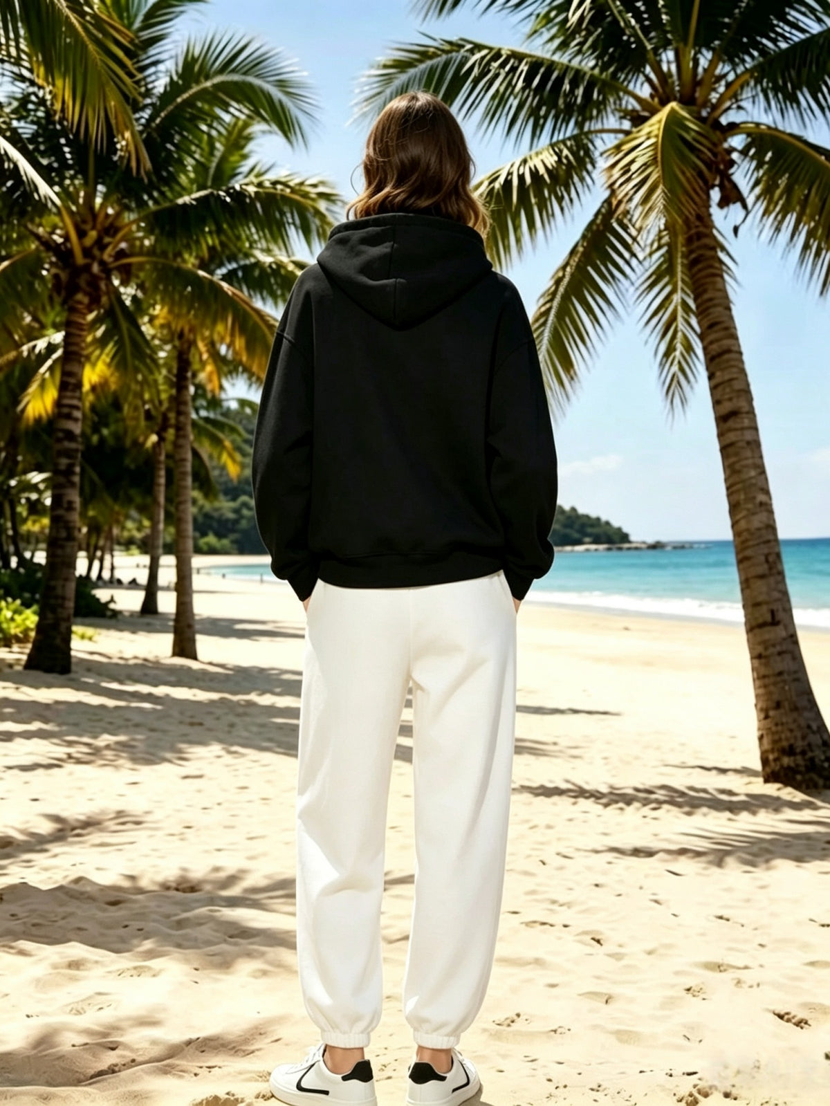 Lazy Style Loose Sweatshirt and Sweatpants Set, Long Sleeve Hooded Top and Jogger Pants, Daily Running Sportswear - Black Sweatshirt + White Sweatpants