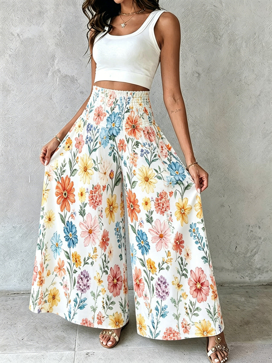 Women'S Floral Print Wide-Leg Pants High-Waist Ruched Waist Bohemian Style Long Trousers Flowy Vacation Pants - Multicolor 5