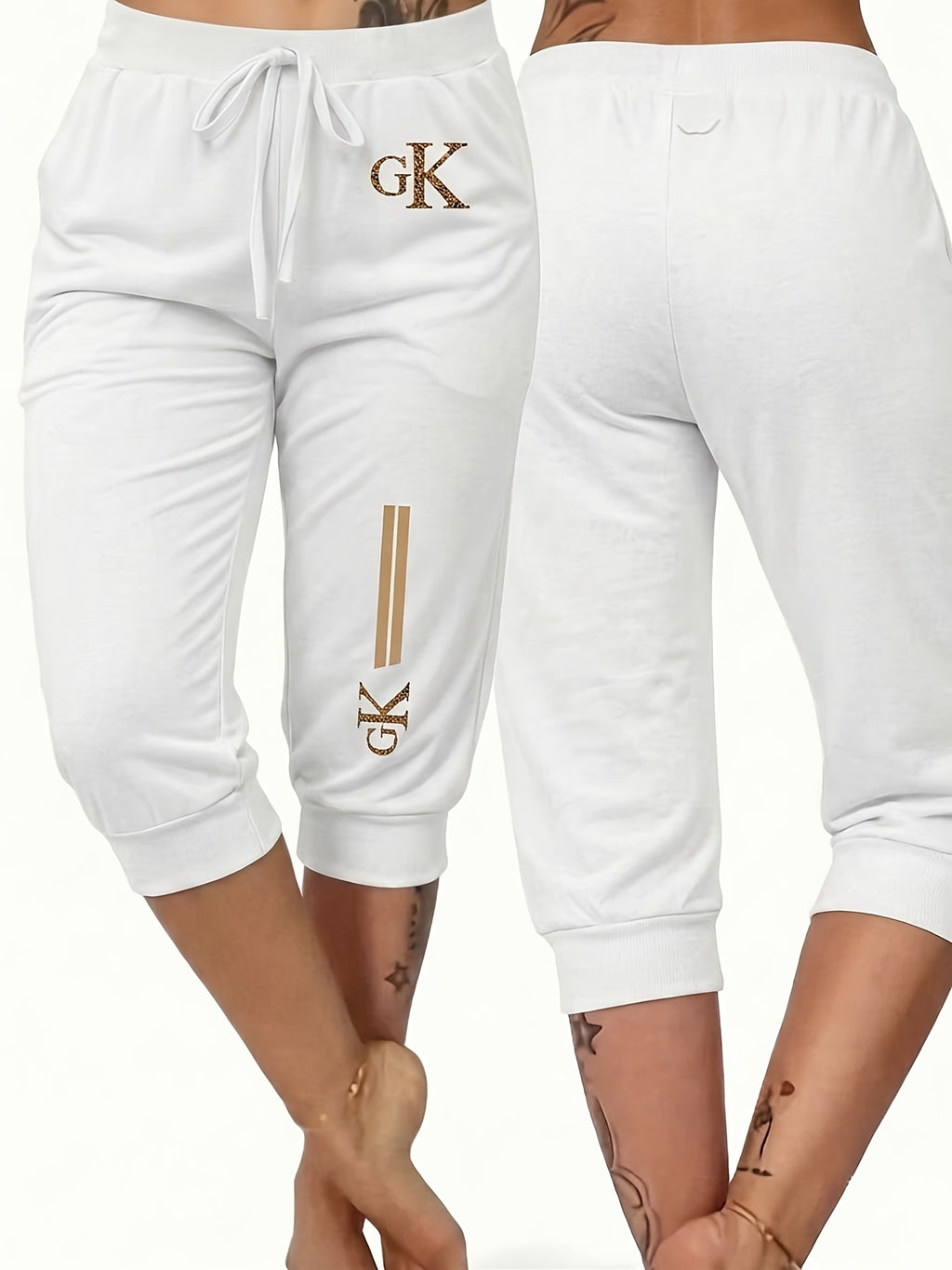 Summer Women'S Golden Geometric Pattern Letter Print Ankle-Cinching Sweatpants, High-Waist Drawstring Casual Bermuda Shorts - White