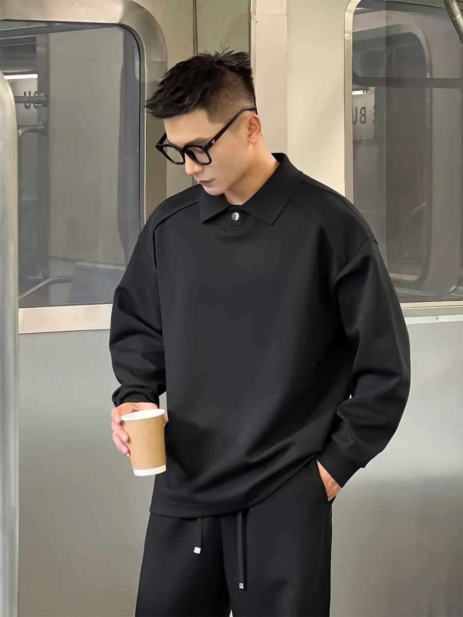 Pearson OBM Heavyweight Polo Long-Sleeve T-Shirt for Men, Stylish and Trendy Design, Gentleman's Spring/Autumn Apparel, Attractive and Versatile Casual Base Layer with a Relaxed Temperament, Suitable for Outer Wear - Space Black