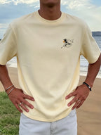 New Men's 100% Pure Cotton T-Shirt with Surfboard, Coconut Tree, and Sun Print, Comfortable and Breathable for Summer Casual Beach Vacations - Apricot