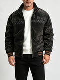 Autumn Winter Men'S Velvet Thickened Jacket, Vintage Jacquard Embroidery Stand Collar Bomber Coat, Loose Fleece Lined Warm Casual Outerwear, Multiple Colors Available - Grey