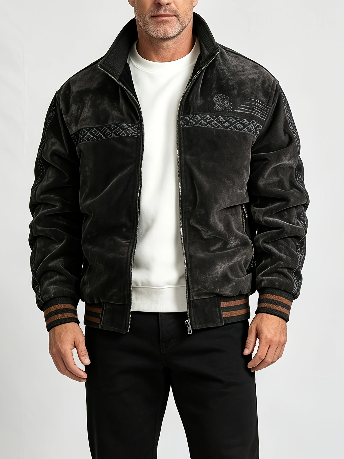 Autumn Winter Men'S Velvet Thickened Jacket, Vintage Jacquard Embroidery Stand Collar Bomber Coat, Loose Fleece Lined Warm Casual Outerwear, Multiple Colors Available - Grey