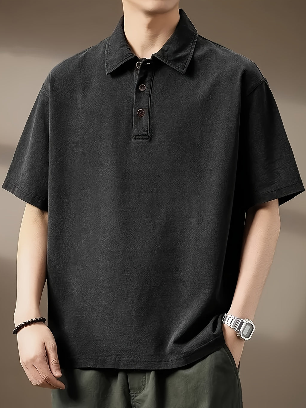 Men's American-Style Denim Short-Sleeve Polo Shirt, Summer Loose-Fit Lapel Heavyweight Premium T-Shirt - Black