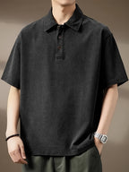 Men's American-Style Denim Short-Sleeve Polo Shirt, Summer Loose-Fit Lapel Heavyweight Premium T-Shirt - Black