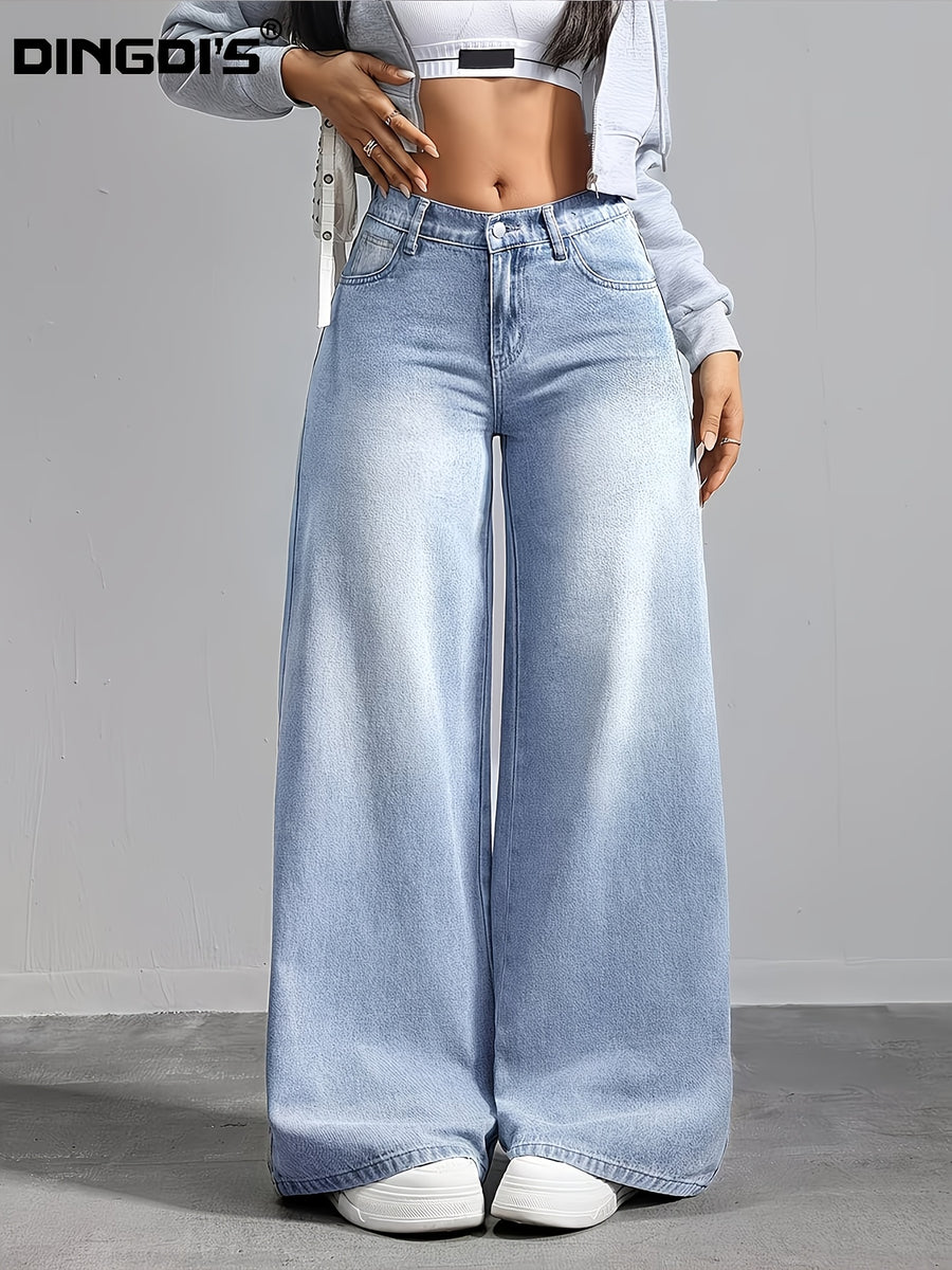 Women'S 2026 New High-Waist Stretch Denim Jeans, Classic Wide-Leg Casual Trousers, Stylish Pocketed Floor-Length Pants, Comfortable Fit Perfect for Work And Travel, Acid-Wash Solid Denim Trousers - Light Blue