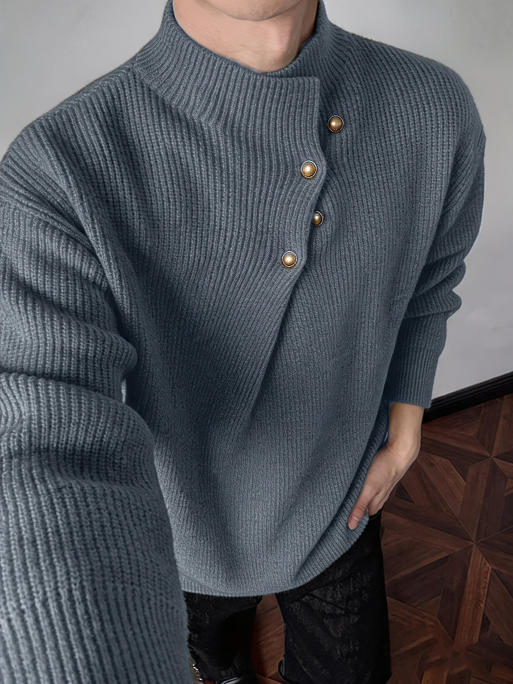 Men's Half-Turtleneck Sweater, Vintage Loose Drop-Shoulder Fit, Old Money Style Simple Casual Design, Autumn/Winter Warm Cable Knit Fabric, Skin-Friendly and Soft, Diagonal Placket with Button Row, Versatile Men's Knit Top, Men's Long-Sleeve Pullover - Dark Gray
