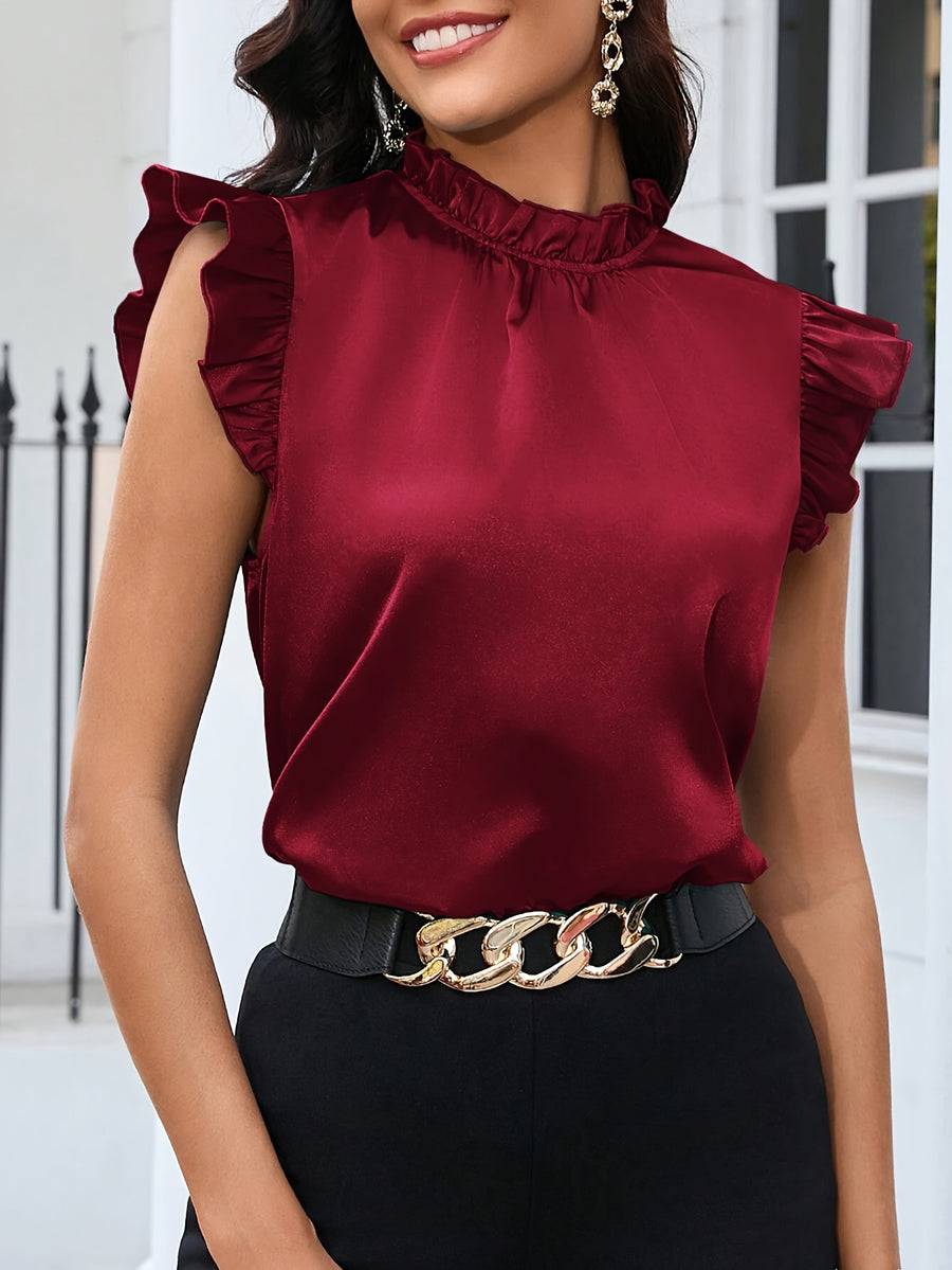Spring-Summer New Arrival: Elegant Pleated Lace Collar Fashionable Short Sleeve Versatile Solid Color Women's Top - Deep Red