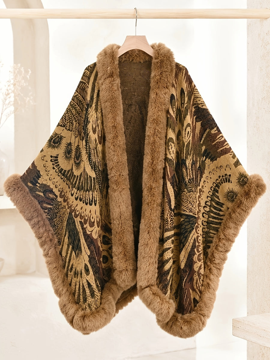 Women's Faux Trim Cape Shawl, Pea Rooster Pattern Acrylic Poncho Wrap, Open Front Sleeveless Fall Winter Outerwear - Camel
