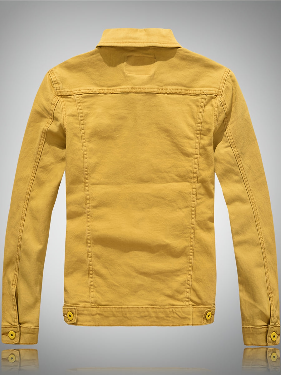Men'S Denim Jacket, Trendy Men'S Long Sleeve Denim Jacket, Men'S Washed Denim Jacket, Casual Denim Jacket - Yellow