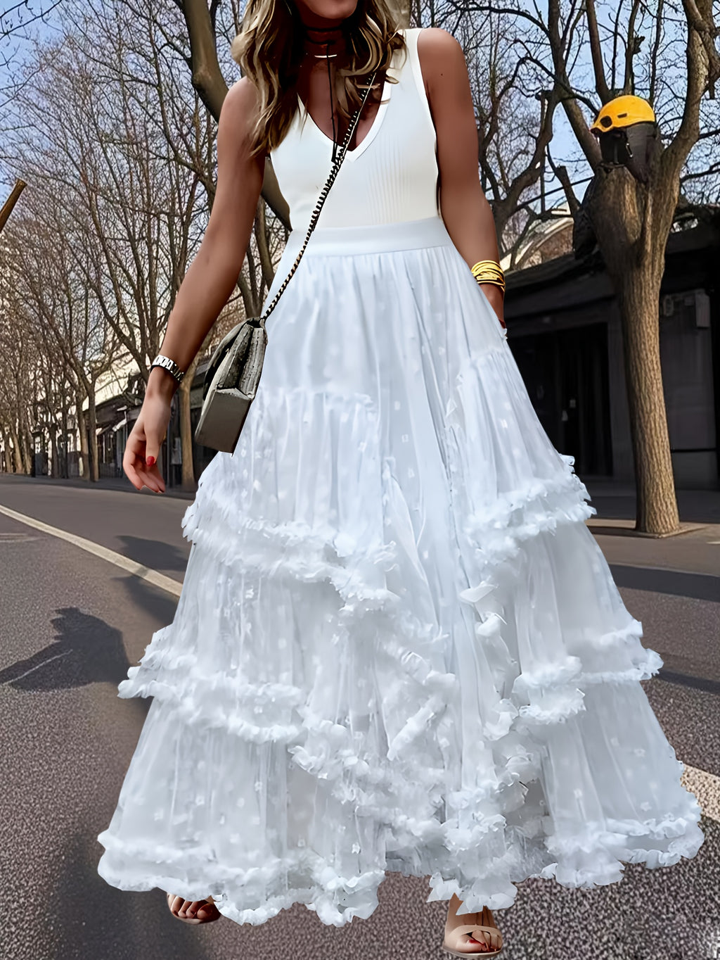 A French-Style A-Line Dress for Women, Featuring Layered Ruffles in White And a Long Length, Suitable for Casual to Formal Occasions in Spring, Summer, And Autumn. This Cute Dress Is Made of Lightweight, Breathable Fabric - White
