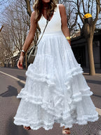 A French-Style A-Line Dress for Women, Featuring Layered Ruffles in White And a Long Length, Suitable for Casual to Formal Occasions in Spring, Summer, And Autumn. This Cute Dress Is Made of Lightweight, Breathable Fabric - White