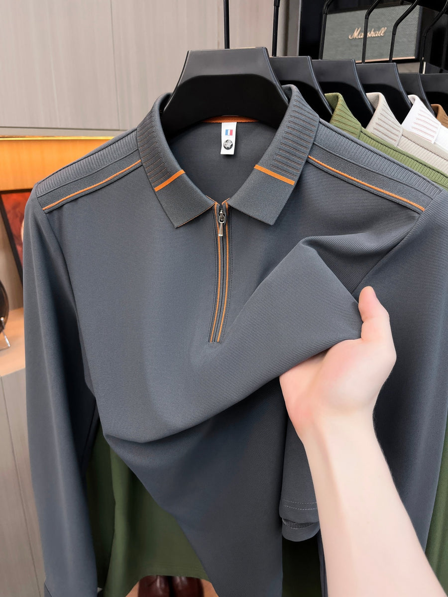 Men'S Clothing Golf Fishing Tennis Sports Solid Color Long Sleeve Lapel Polo Shirt New Long Sleeve T-Shirt Men Half Zip Seamless Polo Shirt Business Menswear Spring Autumn Casual Top Zip Lapel Tee Loose Daily Wear for Middle-Aged Men - Dark Gray