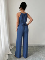 Women's Spring/Summer Casual Pleated Strappy Twist-Waist Maxi Jumpsuit - Blue
