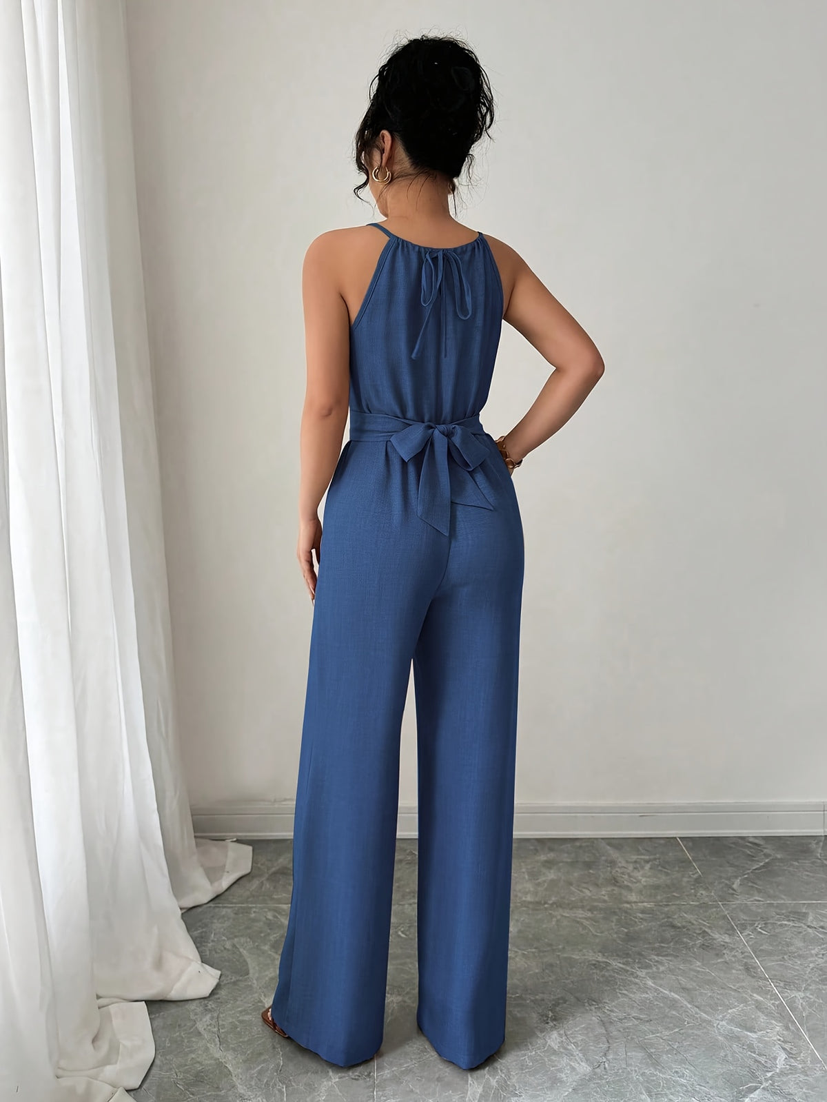 Women's Spring/Summer Casual Pleated Strappy Twist-Waist Maxi Jumpsuit - Blue