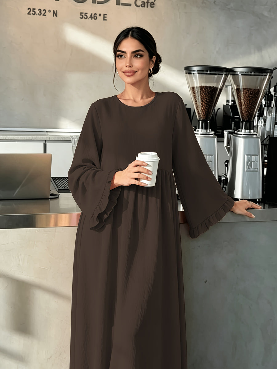 Round Neck Long Dress with Ruffled Flared Wide Sleeves, Soft Lightweight Breathable Fabric Loose Swing Style Dress for Women Daily Home And Outdoor Casual Matching - Coffee Color
