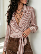Vintage Striped Chiffon Shirt with One-sided Tie Detail - Fuchsia
