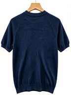 Men's Raglan Crew Neck Short Sleeve Knitwear with Street Graffiti Letter Print, Thin, Breathable, Casual Half-Sleeve - Navy Color