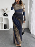 Women'S Valentine'S Day Date Holiday Round Neck Color Block Mesh with Lining Bodycon Long Christmas Party Dress - Mixed colors