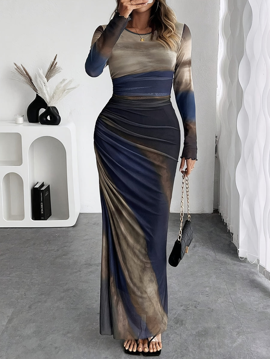 Women'S Valentine'S Day Date Holiday Round Neck Color Block Mesh with Lining Bodycon Long Christmas Party Dress - Mixed colors