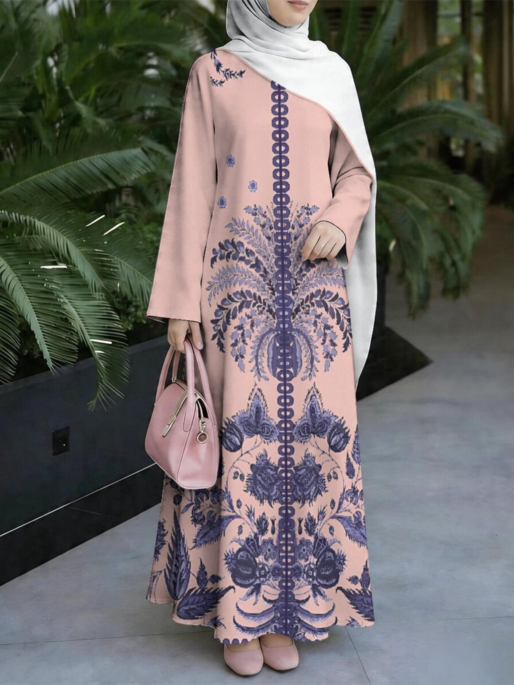 Women's Middle Eastern Style Muslim Elegant Robe, Light Pink Base with Dark Blue Vintage Floral Print Maxi Dress, Loose Fit with Long Sleeves and Full Skirt, for Parties, Prayers, Outings, and Dates, Soft Fabric Without Embroidery, Multiple Sizes - Mixed colors