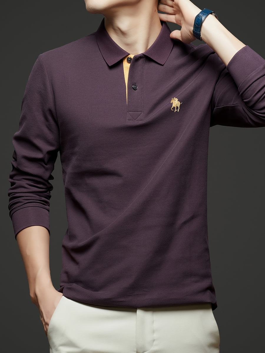 [Saa Xing OBM] 1pc Spring/Autumn New Men'S Polo Shirt, Solid Color Embroidered Half-Button Placket Single-Button Polo Collar Long Sleeve Men'S Fashion Versatile Pullover Base Layer Top, Classic Design, Suitable for Spring, Autumn, Wear - Dark Purple