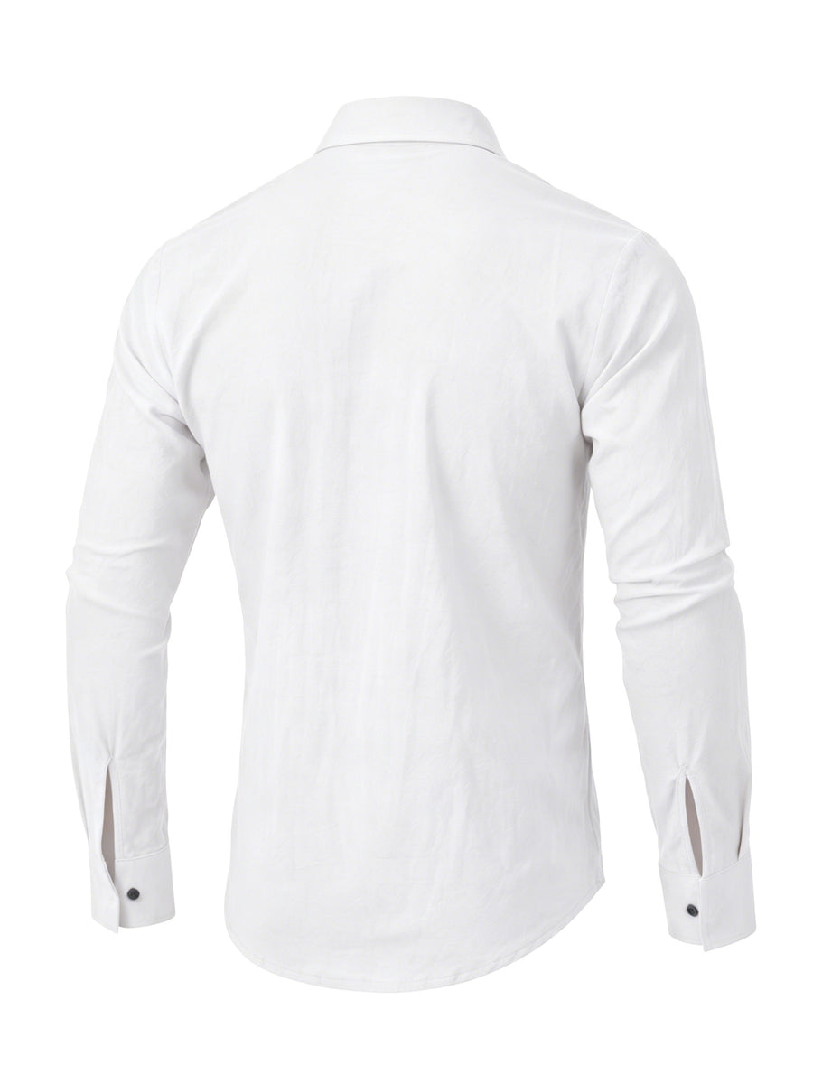 Men'S Fashion Top, Long Sleeve Gualabera Shirt with Pleated Front, Casual Shirt for Vacation, All-Season Casual Style - White