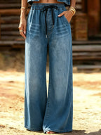 New Women's Casual Denim Pants, Versatile and Stylish for Commuting, Featuring an Elegant Drawstring Elastic Waist and Pockets - Sky Blue
