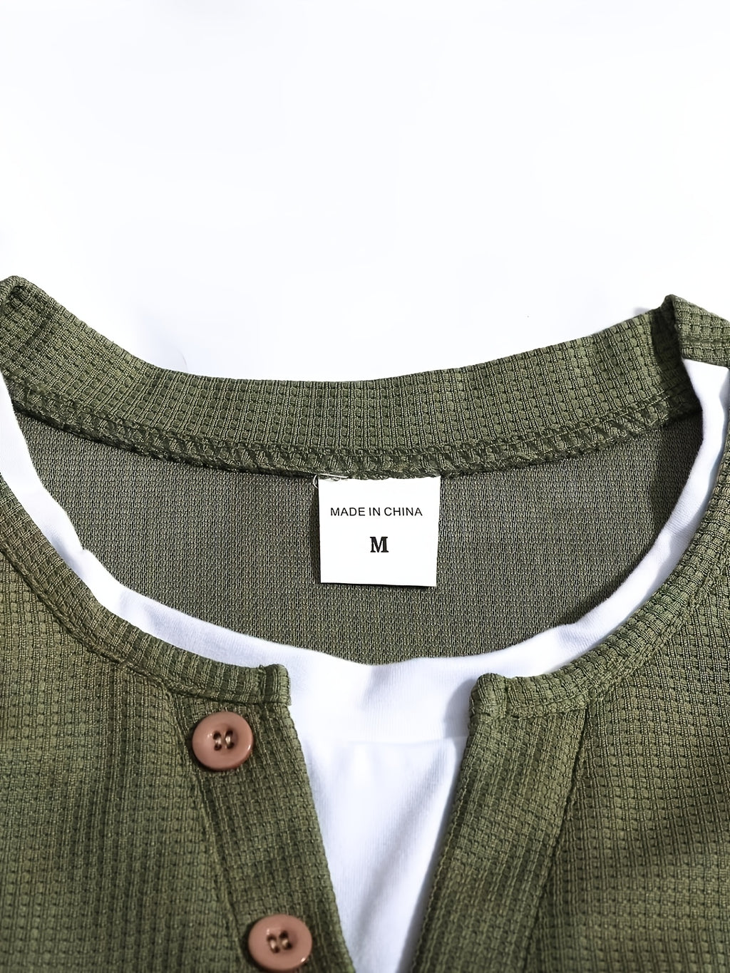 Spring/Autumn Men's Waffle Knit Henley Neck T-Shirt 2-in-1 Look Black and White Color Block Loose Long Sleeve Top - Olive Green