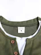 Spring/Autumn Men's Waffle Knit Henley Neck T-Shirt 2-in-1 Look Black and White Color Block Loose Long Sleeve Top - Olive Green