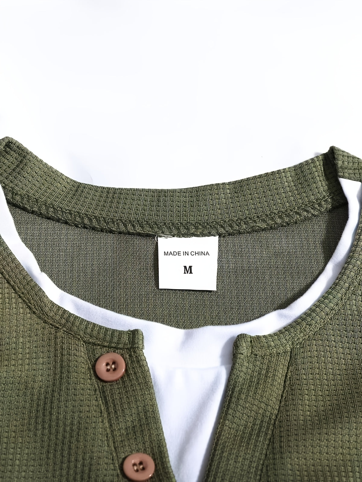 Spring/Autumn Men's Waffle Knit Henley Neck T-Shirt 2-in-1 Look Black and White Color Block Loose Long Sleeve Top - Olive Green