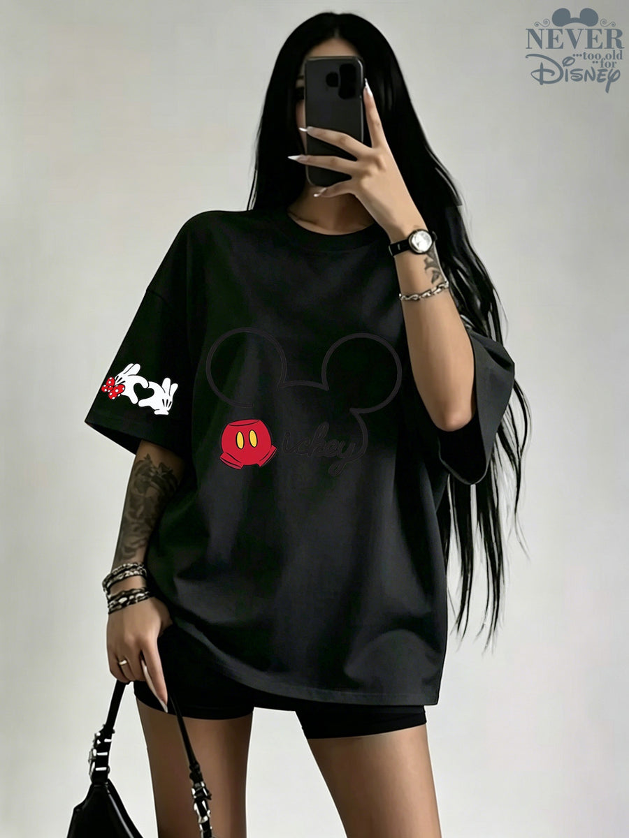 Authorized Women'S Hot Product Summer Pure Short Sleeve Top, Mickey Classic Portrait Red Gloves Cartoon Character Print Individual Fashion Short Sleeve Round Neck Pure T-Shirt, Round Neck Casual Comfortable Fashion Versatile - Black