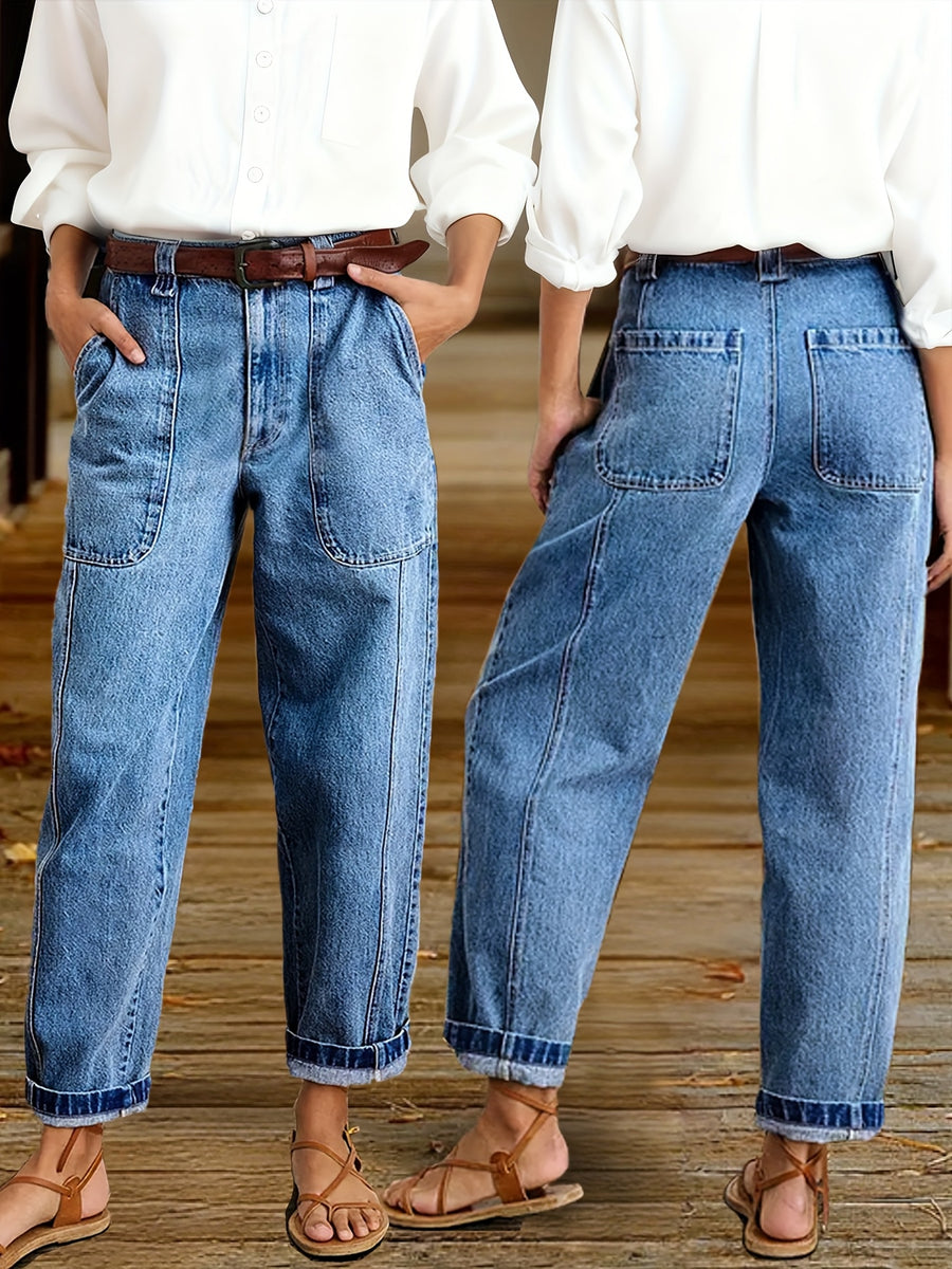 DD Women's 2026 Autumn&winter New Stretch Straight Cropped Jeans, High Waisted Cuffed Jeans with Pockets Vintage Washed Blue Denim Trousers, 90s Ladies' Outfit, Street Style Boyfriend Pantalones Loose Casual Pants Fit for Travel Work and Office Wear. - Medium Blue