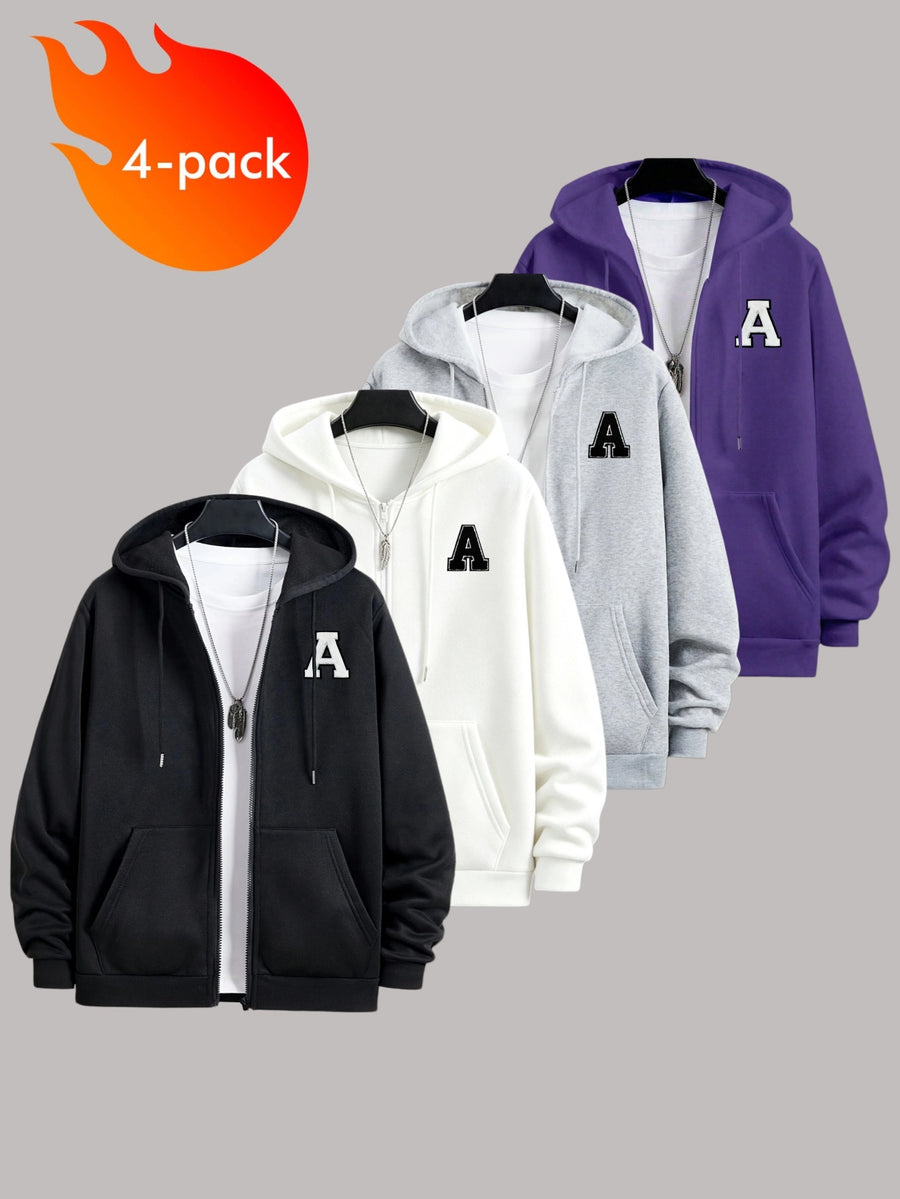 50% Cotton, 50% Polyester, 4pcs Men's Zippered Hooded -Lined Sweatshirt, Men's Apparel, Long-Sleeve Jacket, Zippered Top, Hooded Sweatshirt, Pockets, Drawstring, Suitable for Outings, Casual Wear, Back-to-School Season, Gift for Boyfriend - Black+White+Light Gray+Purple