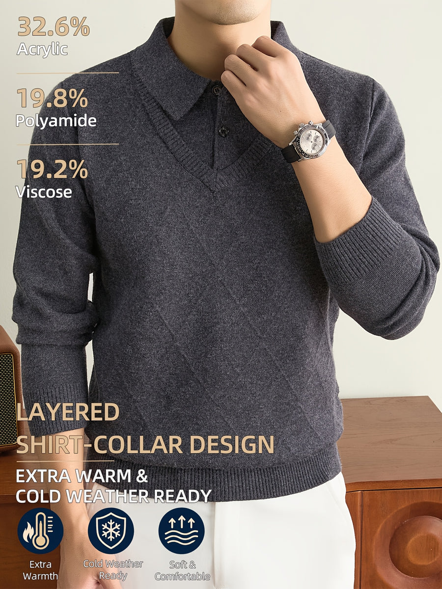 Men's Grey Polo Sweater, Faux 2pcs Shirt-Collar Design, V-Neck & Subtle Diamond Knit Pattern, Classic Refined Style, Warm Autumn Winter Pullover for Casual Wear, Golf & Outdoor Activities - Dark Gray