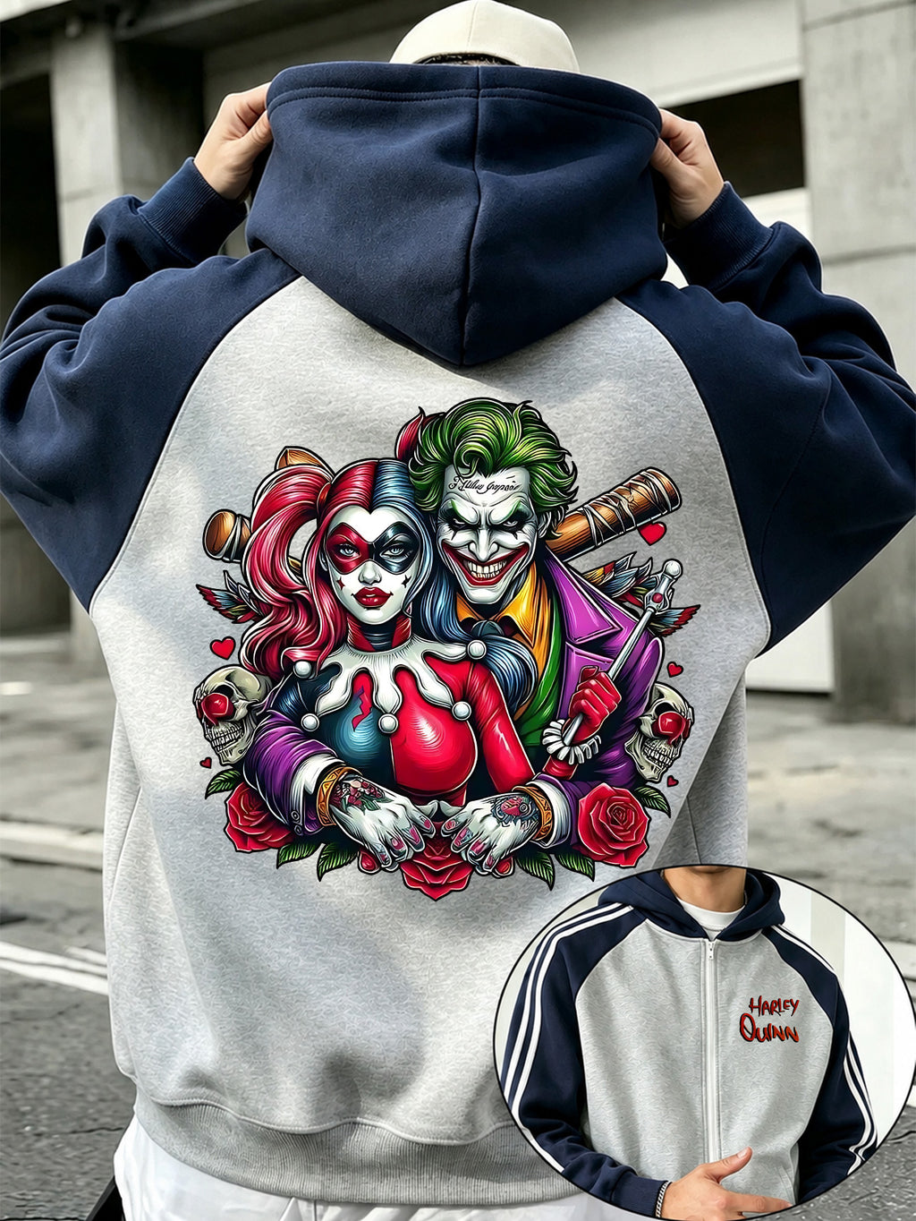 Officially Licensed by Warner Bros., This New Men'S Fashion Hoodie Features a Color-Block Design with a Print of The Joker Quinn. A Zipped Hooded Jacket for Autumn And Winter, It Has a Relaxed Fit And Is Made from Comfortable Fabric - Grey-blue