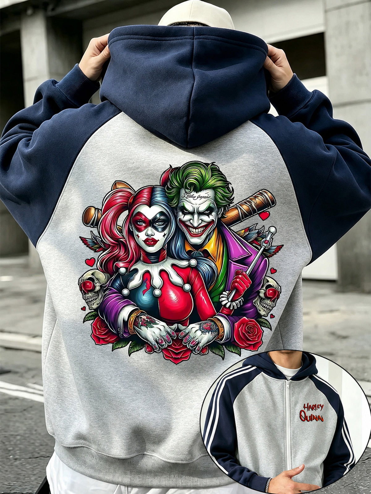 Officially Licensed by Warner Bros., This New Men'S Fashion Hoodie Features a Color-Block Design with a Print of The Joker Quinn. A Zipped Hooded Jacket for Autumn And Winter, It Has a Relaxed Fit And Is Made from Comfortable Fabric - Grey-blue