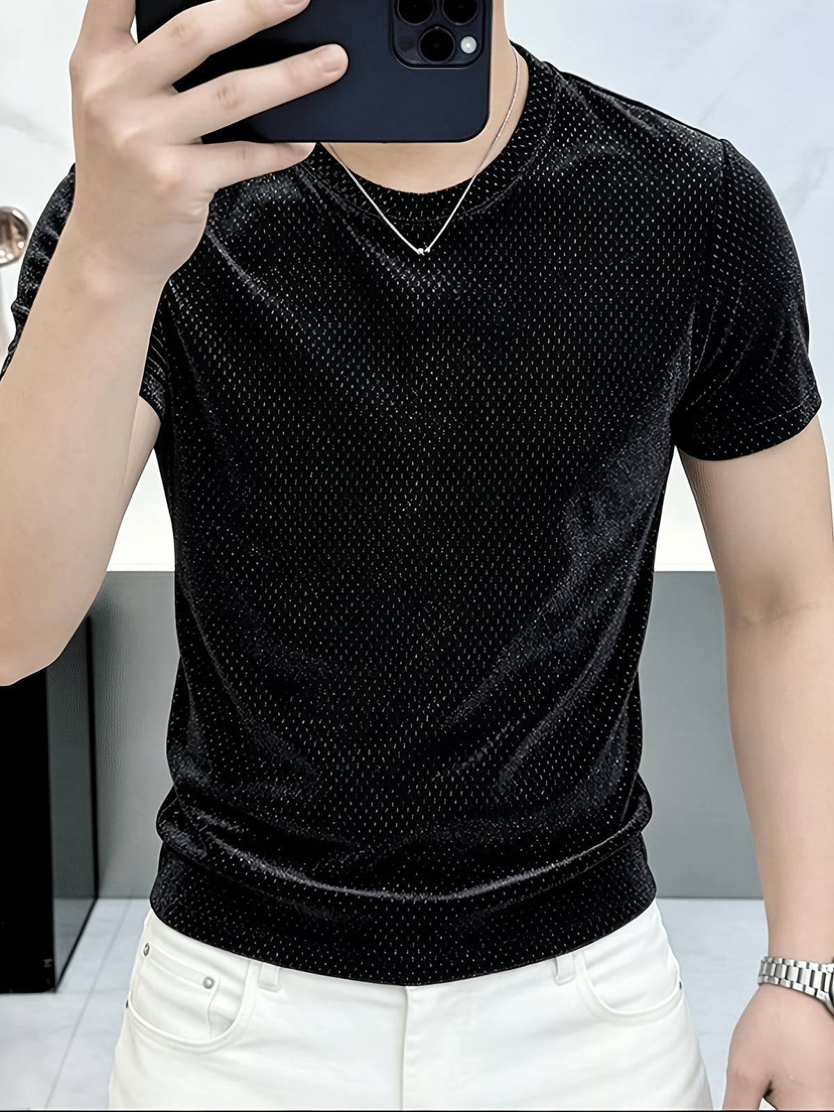 Men's Hollow-Out Short-Sleeve T-Shirt - Breathable Round Neck Solid Color Tee with Asymmetrical Cut-Out, Suitable for Summer Parties, Casual & -Casual Wear, Versatile for Layering or Standalone Outfits - 10309 Hui-8330