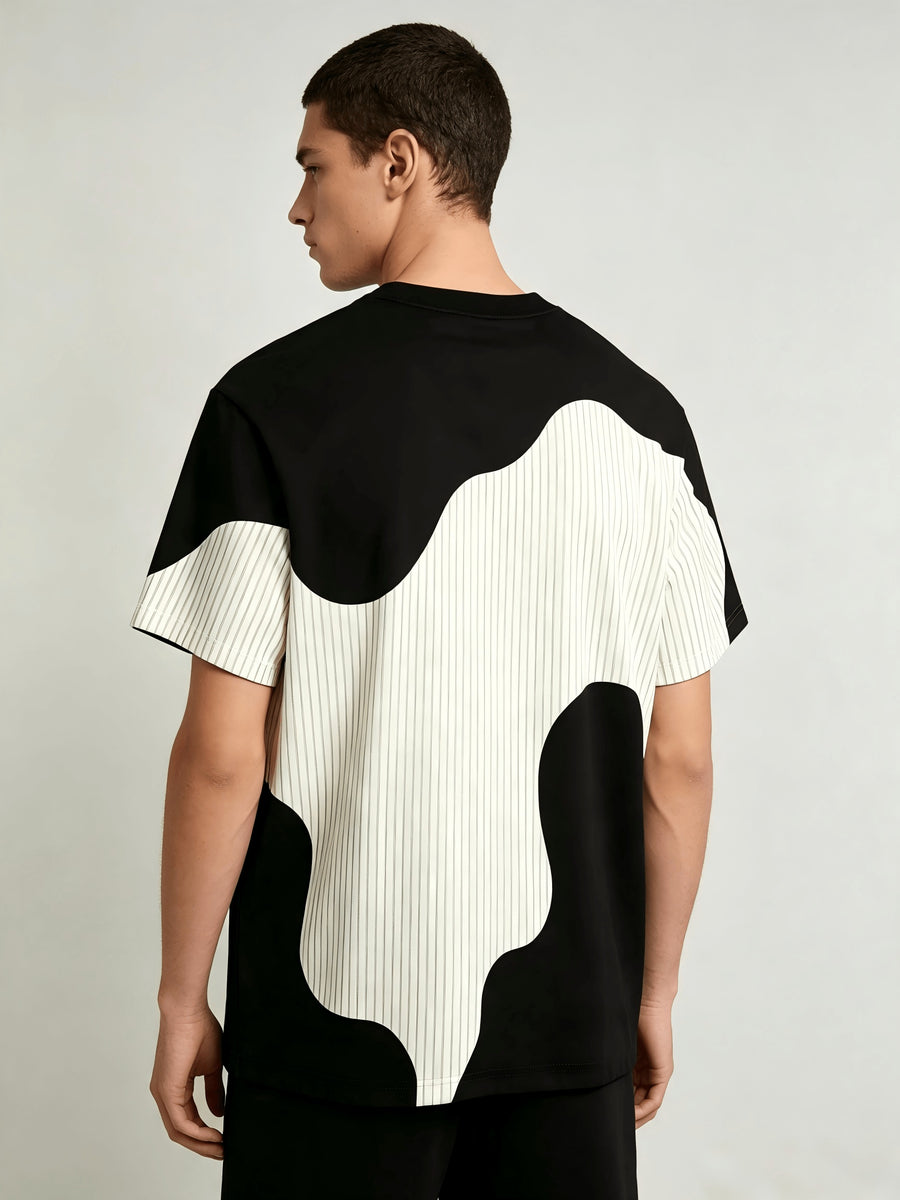 Men'S Casual Round Neck T-Shirt, Geometric Pattern Patchwork Striped Design, Chicago Word Pattern, Drapey Fashion Top, All-Season Wear, Breathable Regular Fit for Casual And Formal Outfits - Round Neck Casual Top - Black And White