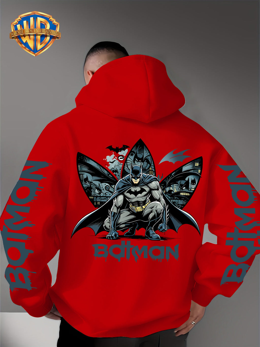 Warner Bros. Official 1pc Men's Hooded Long-Sleeve Sweatshirt - Batman Gotham Night Scene Multi-Panel Print + BATMAN Drip Graffiti Letter Creative Graphic Print, Letter Print on Both Sleeves, Cool DC Superhero IP Graphic Hoodie, Skin-Friendly - Red