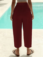 Women'S Casual Solid High-Waist Capri Pants - Comfortable Elastic Waist, Pocketed Perfect for Spring And Fall - Burgundy