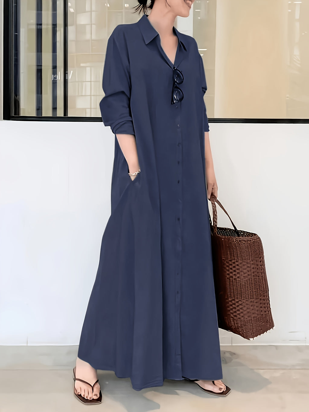 Women's Button- Shirt Dress with Long Sleeves and Pockets, Spring Shirt Collar Autumn Dress - Navy Color