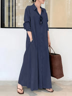 Women's Button- Shirt Dress with Long Sleeves and Pockets, Spring Shirt Collar Autumn Dress - Navy Color