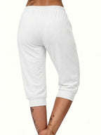 Summer Women'S Golden Geometric Pattern Letter Print Ankle-Cinching Sweatpants, High-Waist Drawstring Casual Bermuda Shorts - White