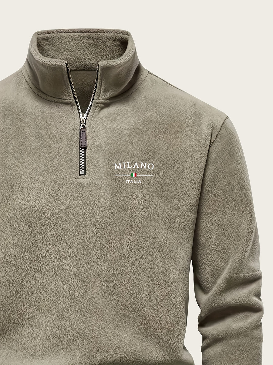 Autumn Winter Men'S Fleece Thickened Henley Stand-Up Collar Sweatshirt 1/4 Zip Warm Top Double-Faced Fleece Jacket, New Season - Khaki