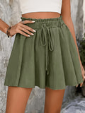 Western Summer New Solid Color Fashion Elegant Waist-Cinching Loose Wide-Leg Shorts Skort - Olive Green